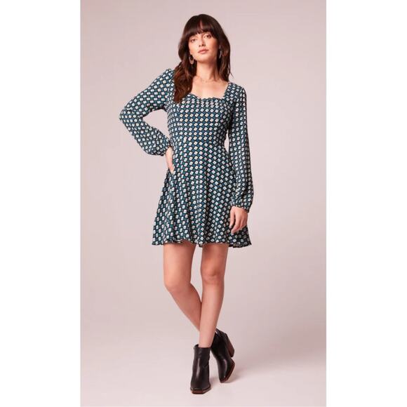 BAND OF THE FREE BOG GENEVIEVE TEAL DIAMOND SWEETHEART NECKLINE MINI DRESS M-NEW - Picture 2 of 6